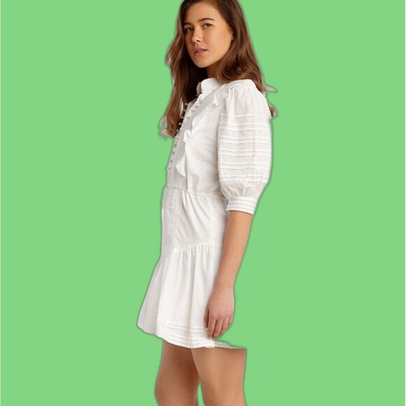 Bardot Ruffled Dress MED Babydoll Tiered Lace Pin Tucks Bridgerton Fairy - Picture 7 of 16